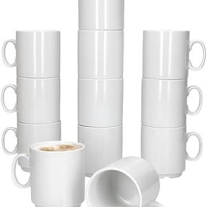 MamboCat Event 12er Set Kaffeebecher I 250 ml weiße Porzellan-Becher mit Henkel 12 Personen I stapelbare Tassen für Heißgetränke wie Tee, Kakao, Latte Macchiato & Co I schickes Kaffee-Geschirr