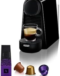 Nespresso De'Longhi EN 85.B Essenza Mini Kaffeekapselmaschine,Welcome Set mit Kapseln in unterschiedlichen Geschmacksrichtungen 19 bar Pumpendruck,Platzsparend,1370W,0.6 L,32.5 x 11 x 20.5 cm,Schwarz