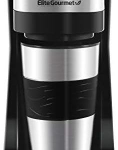 Elite Gourmet EHC111A# Maxi-Matic Personal 14oz Single-Serve Compact Coffee Maker Brewer, inklusive Thermo-Reisebecher aus Edelstahl im Inneren, wiederverwendbarer Filter, Schwarz