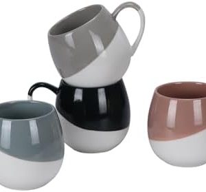 Hoikwo 450 ML Kaffeebecher Tasse 4er Set, Keramische Zweifarbig Glasierte Becher mit Henkel für Kaffee, Tee, Cappuccino, Latte, Milch, Kakao, Saft und andere Heißgetränke