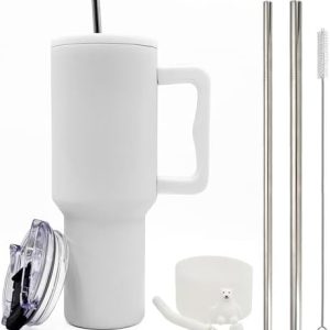 FloweryOcean 1200ml 40oz Kaffeebecher to Go,Doppelwandiger Edelstahl Vakuum Isolierbecher mit Griff und Stroh,Autobecher Thermobecher,Kaffeetasse für Heißer, Kalter Getränke,05-Weiß