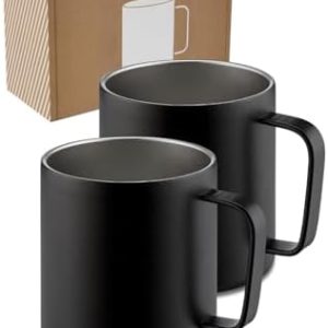 Lambda Coffee® Edelstahl Tasse 2x360ml Thermobecher mit Henkel | Kaffeetasse doppelwandig isoliert | Tassen Set für Camping & Outdoor| Thermo Kaffee Becher schwarz