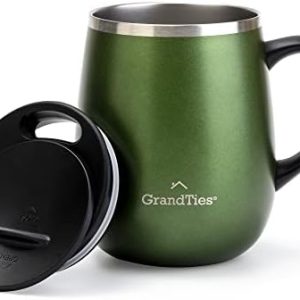 GRANDTIES Isolierter Kaffeebecher mit Griff – Schiebedeckel für spritzwassergeschützte 473 ml -Form Thermosbecher mit doppelwandigem Vakuum-Edelstahl, hält Getränke heiß & kalt – grün metallic