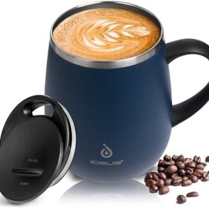 Ideus Kaffeebecher 470 ml (16 oz), doppelwandige vakuumisolierte Kaffee- und Teetasse aus Edelstahl mit rutschfestem Griff und Schiebemoduldeckel und großem Volumen (Marineblau)