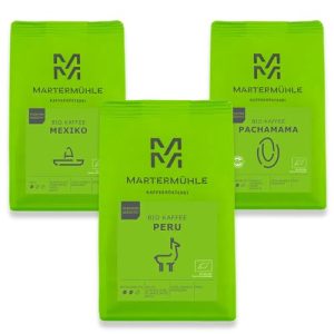 Martermühle Bio Kaffeebohnen Probierset 3x250g mild/mittelkräftig I Arabica I Ganze Bio Kaffee-Bohnen schonend geröstet, säurearm (68/74/426)