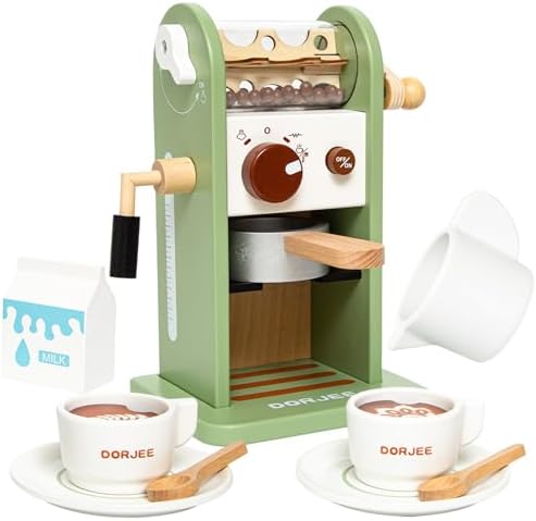 Smartwo Kaffeemaschine Kinder Holz, Kinderküche Kaffeemaschine mit Mühle, Spielküche Zubehör, Espressomaschine Holzspielzeug Set, Küchenzubehör Rollenspiele, Geschenk Mädchen ab 3 Jahre, Grün