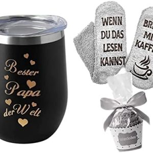 Tecreo Edelstahl Kaffeebecher mit Gravur Geschenk für Männer-Bester Papa der Welt Thermobecher für Vater Vatertag Geburtstag Geschenk-350ml Schwarz Doppelwandig Isolierbecher mit Socken