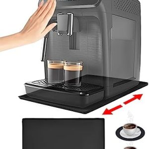 Xespis Unterlage Kaffeemaschine, Silikonmatte mit Rand, 47 x 29 cm, Kaffeevollautomat Unterlage, Anti-Rutsch und Wasserdicht, Unterlage für Kaffeemaschine, Küchenmaschine + 2 Stück Untersetzer,Schwarz