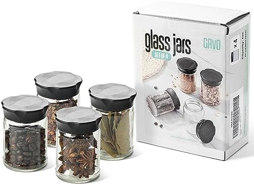 gavo Ersatzgläser für manuelle Kaffeemühle - Frischhaltedose - Kleine Kaffee Tee Gewürze Vorratsdosen - Glasdosen mit schwarzem Deckel 4er Set