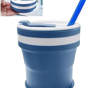 RZMZBY 350 ml Faltbarer Kaffeebecher,Coffee to go Becher Faltbar Silikon Wasserbecher mit Stroh,Deckel Leichter Mehrweg Coffee Cup Auslaufsicherer Travel Mug Faltbecher Blau