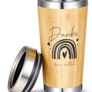 Hestya Danke für Alles Thermobecher Holz Optik Kaffeebecher mit Gravur Großer Edelstahl Isolierbecher mit Deckel Kaffeebecher Mitnehmen Thermobecher Dankeschön Geschenk für Lehrerin Kollegen Freunde