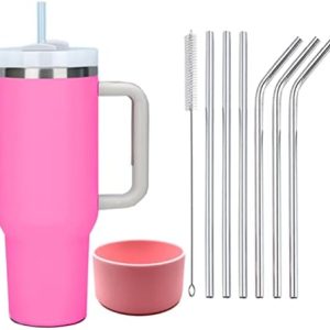 Moollyfox 1200 ml Doppelwandiger Edelstahl Vakuum Isolierbecher mit Griff Upgrade Kaffeetasse Becher 40 oz Reisebecher Autobecher Thermobecher mit Strohhalm aus Edelstahl und Silikonabdeckung Rosa