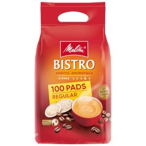 Melitta Café Bistro Röstkaffee in Kaffee-Pads, 100 Pads, Kaffeepads für Pad-Maschine, starke Röstung, geröstet in Deutschland, kräftig-aromatisch