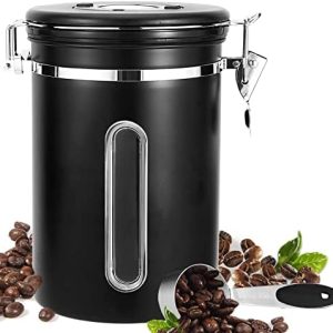 Royouzi Kaffeedosen, Kaffeedose Luftdicht, 1.8L/1800ML Kaffeebehälter Edelstahl, Kaffeebohnen Behälter mit Schaufel, Vakuum Kaffee Kaffeebohnen Aufbewahrung Vorratsdose - Schwarz