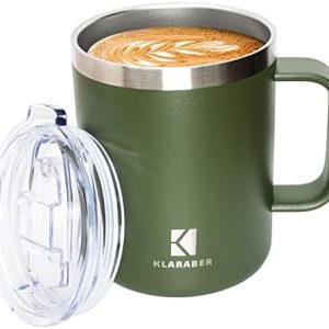 Thermobecher mit Henkel, 350ml Isolierbecher mit Griff und Deckel, Thermo Kaffeebecher to go, Doppelwandige Thermotasse aus Edelstahl, Spülmaschinenfest (Grün)