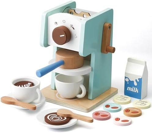 medoga Kinder-Kaffeemaschinen-Spielzeug mit Mühle, 15-teiliges Holz-Kaffeemaschinen-Spielset, Holzspielzeug für Kleinkinder, Spielküche, Zubehör, Geschenk für Jungen und Mädchen, (CM0003)