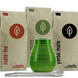 Mate Tee Set Keramik ● 3 Bio Matesorten + Matebecher + Bombilla + Zubereitungsanleitung (grün)