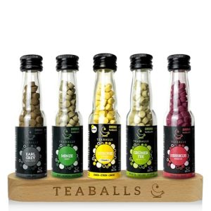 TEABALLS Tee Set Big Classic mit 5er Set Earl Grey, Minze, Zitrone, Grüner Tee, Hibiskus + gratis Holzaufsteller Geschenkset ergibt 150-375 Tassen heißer Tee Eistee ohne Zucker pflanzlich Instant Tea