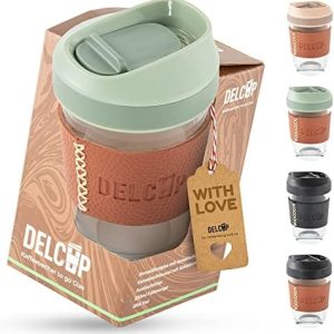 DELCUP Kaffeebecher to go Glas [auslaufsicher] 320ml Teebecher Trinkbecher Reisebecher zum Mitnehmen Kunstleder nachhaltig coffee Becher gehen | Variante aussuchen, Braun Grün